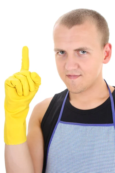 Portrait of man in yellow gloves having an idea — Stok Foto