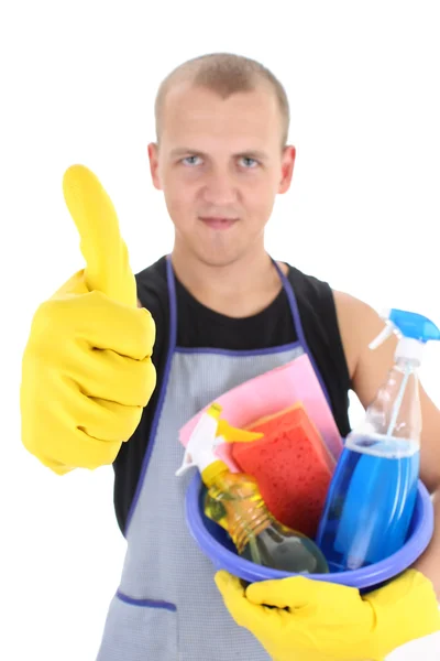 Чоловік з прибиральними приладдям дає великі пальці вгору — стокове фото