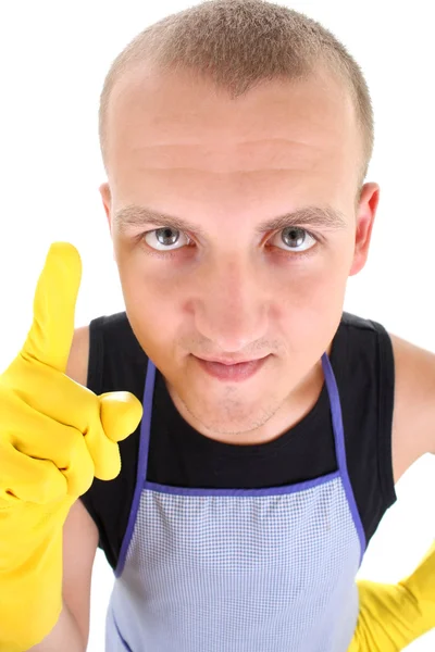 Retrato de hombre divertido en tener una idea de guantes amarillos —  Fotos de Stock