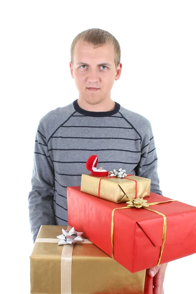 Mladý muž s dárky — Stock fotografie