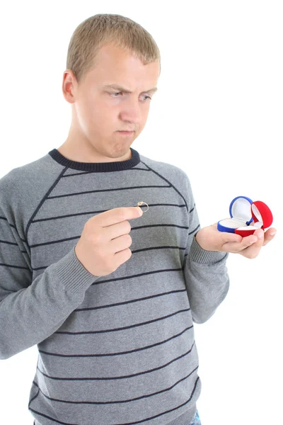 Man choosing between red and blue box for the ring — Stock Photo, Image