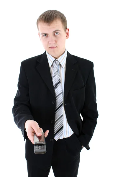 Ung affärsman i svart kostym med telefon — Stockfoto