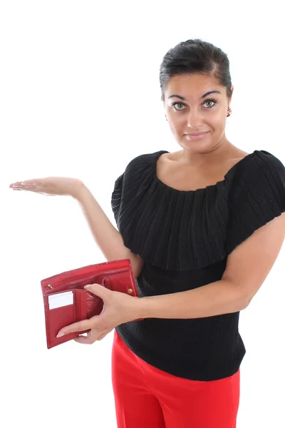 Attraktive Frau mit leeren Brieftasche — Stockfoto