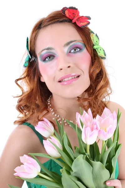Red-haired woman with flowers — Stock Photo, Image
