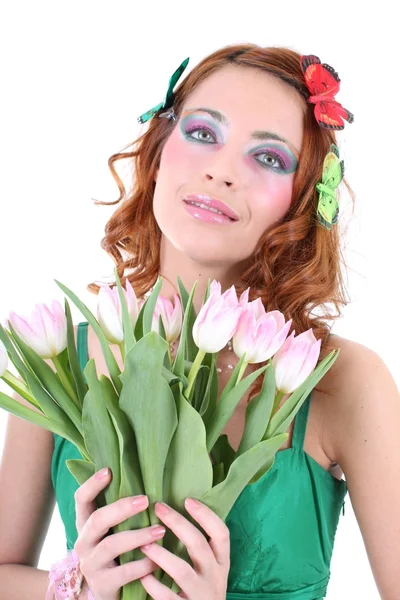 Рыжеволосая женщина с цветами — стоковое фото