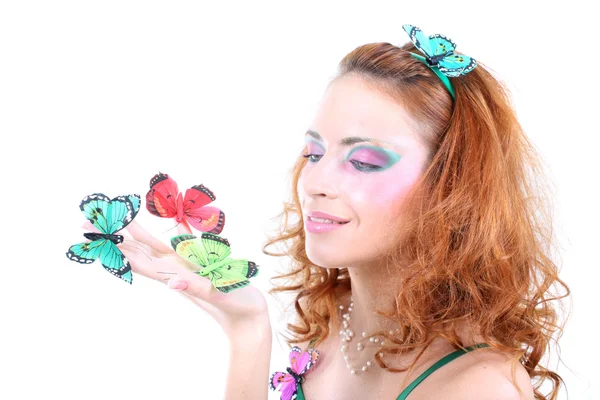 Donna dai capelli rossi con farfalle — Foto Stock