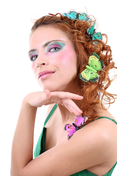Mulher ruiva com borboletas na cabeça — Fotografia de Stock