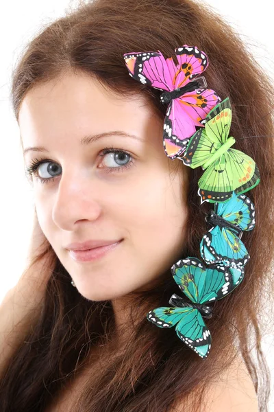 Portrait of beautiful girl with butterflies — Stock Photo, Image