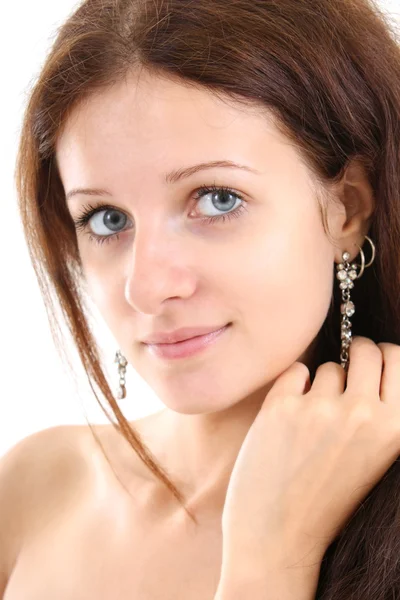 Gyönyörű lány felett fehér portréja — Stock Fotó