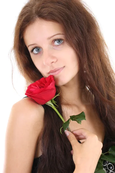 Portrait de jeune fille avec une rose rouge — Photo