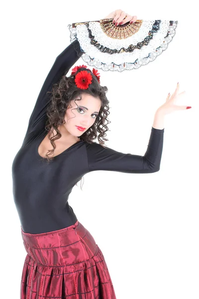 Atractiva mujer bailando con ventilador —  Fotos de Stock