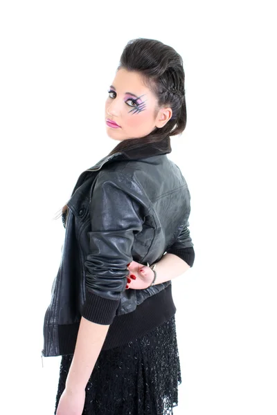 Young beautiful girl in black leather jacket — Stock Photo, Image