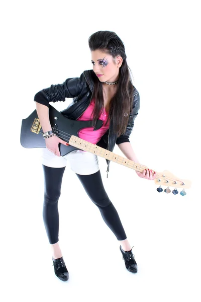 Young beautiful girl in black leather jacket with guitar — Stock Photo, Image