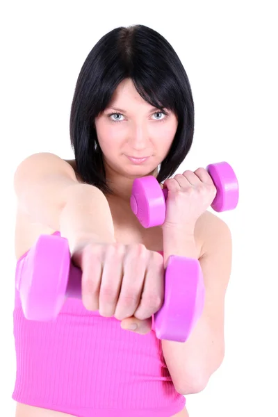 Young healthy girl with pink dumbbell — Stock Photo, Image