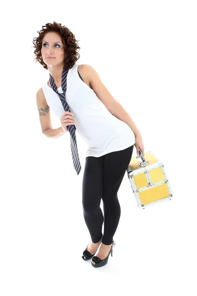Atractiva mujer posando con caja de herramientas sobre blanco —  Fotos de Stock