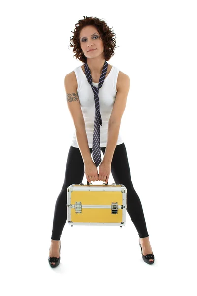 Attractive woman posing with toolbox over white — Stock Photo, Image