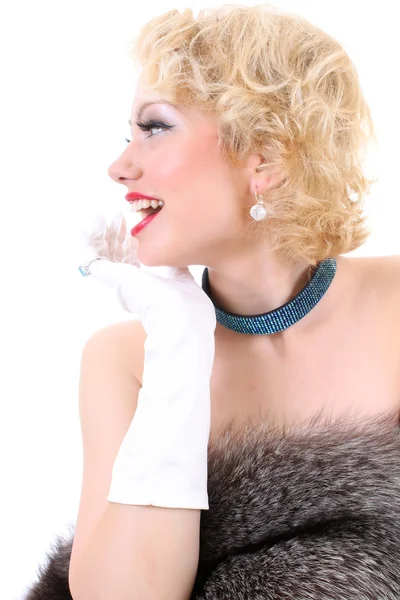 Picture of surprised woman with fur. Marilyn Monroe imitation — Stock Photo, Image