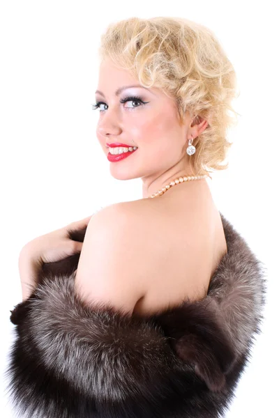 Blondie woman with fur collar. Marilyn Monroe imitation — Stock Photo, Image
