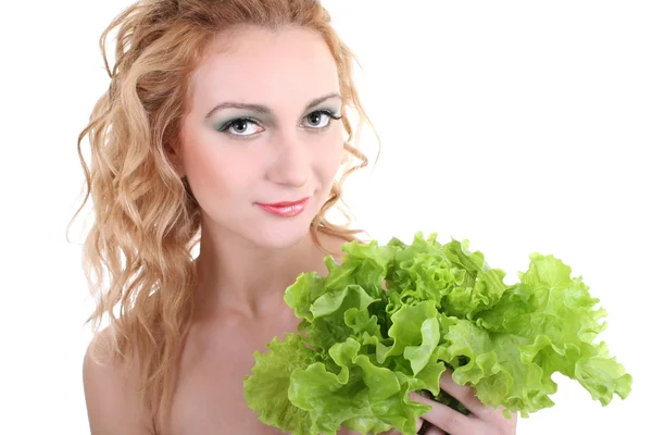 Νεαρή γυναίκα με πράσινη σαλάτα — Φωτογραφία Αρχείου