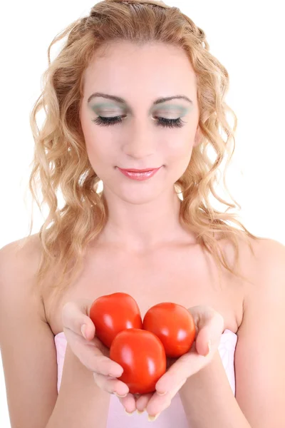 Portret młodej kobiety z pomidorami — Zdjęcie stockowe