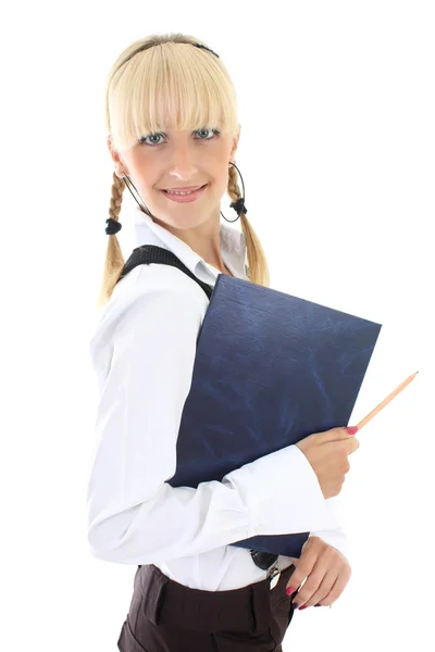 Schoolmeisje met boek en potlood — Stockfoto