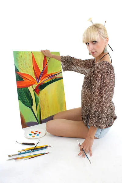 Woman painter with picture — Stock Photo, Image