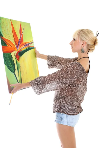 Woman painter with her picture over white — Stock Photo, Image