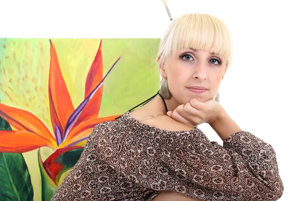 Kvinna målare med bild över vita — Stockfoto