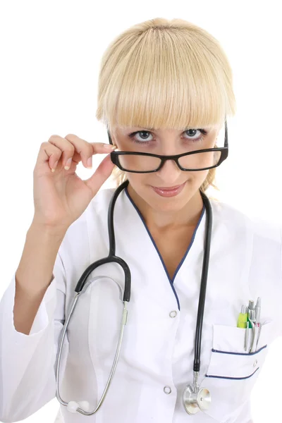 Doctor mujer con gafas y stethocsope — Foto de Stock