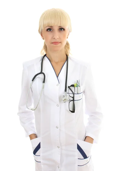 Medico donna con stethocsope sopra bianco — Foto Stock