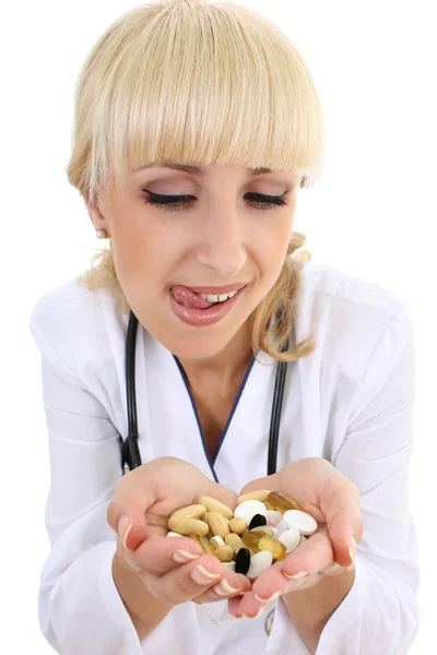 Arts vrouw in jurk met tabletten in handen — Stockfoto