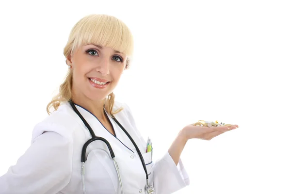 Porträt des Doktor Frau im Kleid mit Tabletten im übergibt Pfingstmontag — Stockfoto