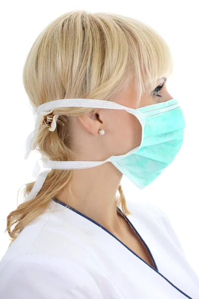 Perfil da mulher do cirurgião na máscara — Fotografia de Stock