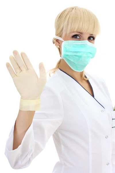 Doktor kadın beyaz üzerinde tıbbi maske ve lastik eldiven — Stok fotoğraf