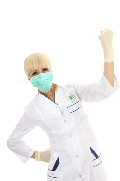 Mulher de médico em médicas máscara e luvas de borracha isolado sobre whi — Fotografia de Stock