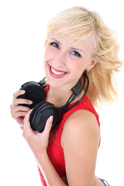 Žena se sluchátky s úsměvem — Stock fotografie