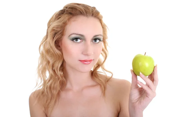 青リンゴと若い美しい女性 ストック写真