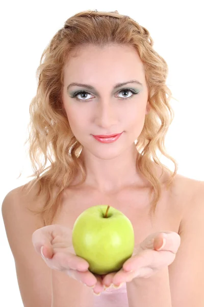 Junge schöne Frau mit grünem Apfel lizenzfreie Stockbilder