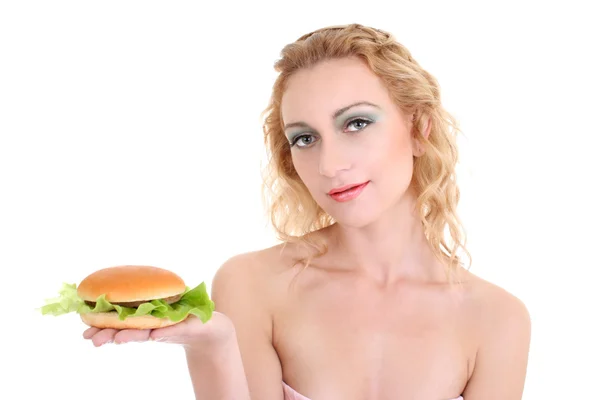Joven hermosa mujer con hamburguesa Imagen de archivo
