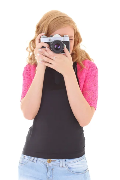 Blonďatá žena s retro fotoaparát — Stock fotografie