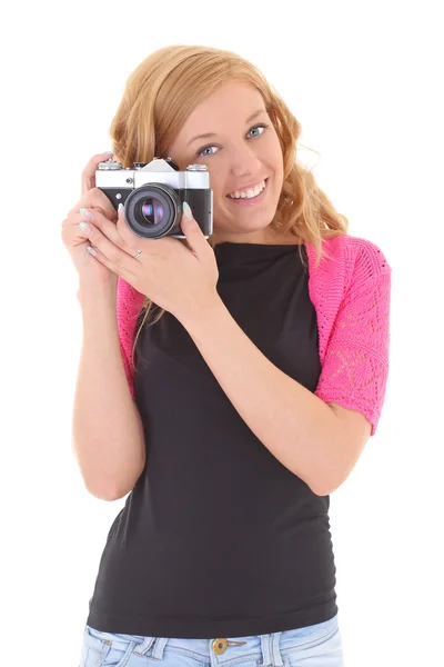 Mulher loira com câmera retro — Fotografia de Stock