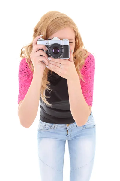 Mulher loira com câmera retro — Fotografia de Stock