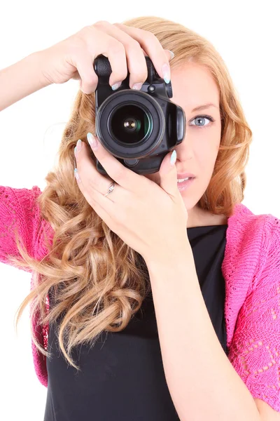 Γυναίκα με ψηφιακή φωτογραφική μηχανή στα χέρια — Φωτογραφία Αρχείου