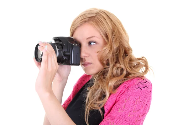 Γυναίκα με ψηφιακή φωτογραφική μηχανή στα χέρια — Φωτογραφία Αρχείου