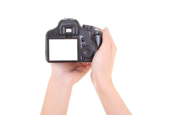 Φωτογραφική μηχανή DSLR στα γυναικεία χέρια. copyspace — Φωτογραφία Αρχείου