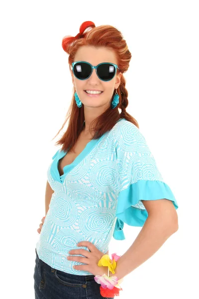 Young woman with blue sunglasses — Stock Photo, Image