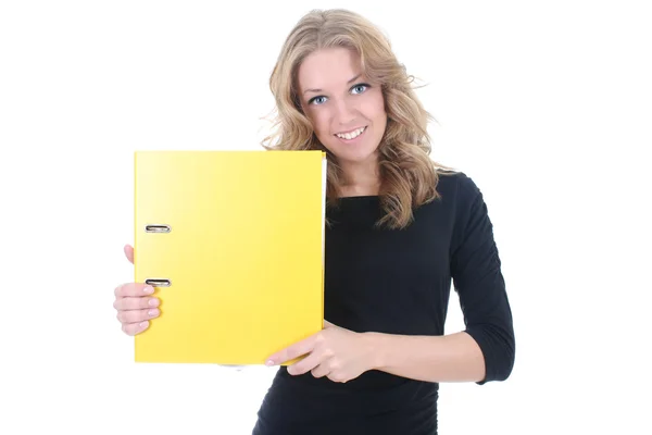 Business woman with yellow folder — Stock Photo, Image