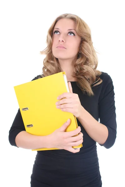 Mujer de negocios con el pensamiento de carpeta amarilla — Foto de Stock