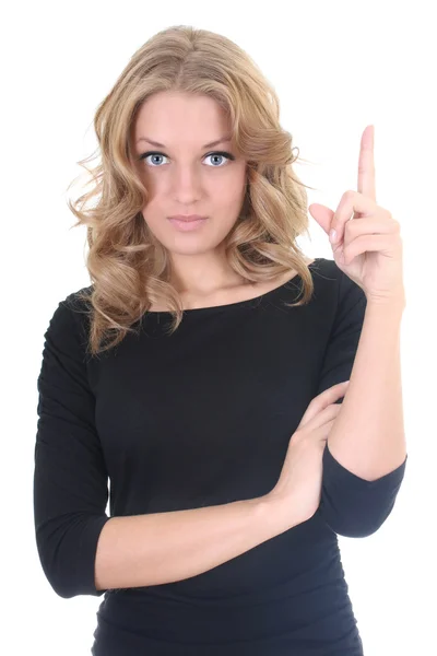 Woman in black showing attention sign — Stock Photo, Image