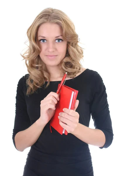 Kobieta w czerni z notatnika czerwony — Zdjęcie stockowe